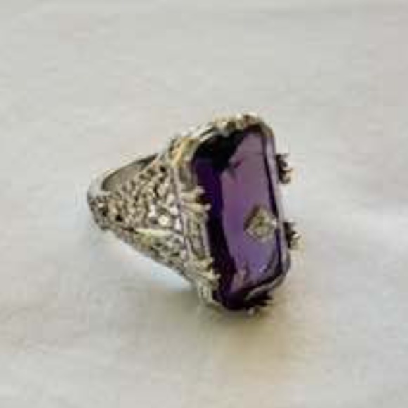 Large  Silver Tone Clear Purple Stone Ring with CZ Accent / Antique Reproduction - Picture 4 of 14